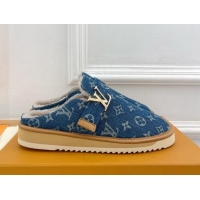 Charming Louis Vuitton LV Cosy Flat Comfort Clog Mules in Blue Denim and Wool 905096