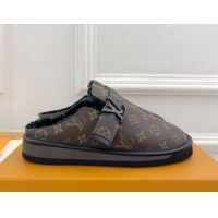 Luxurious Louis Vuitton LV Cosy Flat Comfort Clog Mules in Brown Monogram Canvas and Wool 905097