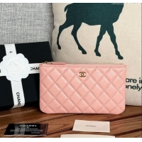 Grade Quality Chanel Grained Calfskin Classic Zipped Pouch AP1071 Light Pink 2024