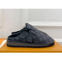 Best Grade Louis Vuitton LV Cosy Flat Comfort Clog Mules in Black Monogram Canvas and Wool 905098