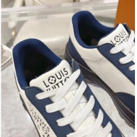 Grade Louis Vuitton Men's Signature Grained Leather Sneakers Blue/White 905115