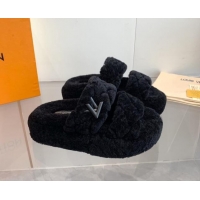 Top Grade Louis Vuitton LV Sunset Platform Comfort Slides Sandal 5cm in Wool Black 905116