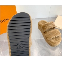 Best Grade Louis Vuitton LV Sunset Platform Comfort Slides Sandal 5cm in Wool Light Brown 905118