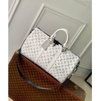 Shop Grade Louis Vuitton Keepall Bandouliere 50 Travel bag in Monogram Shadow Calfskin M24953 White Leather 2024