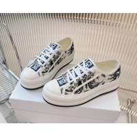 Good Quality Dior Walk'n'Dior Platform Sneakers 4.5cm in White Cotton Embroidered with Blue Toile de Jouy Soleil Motif 7