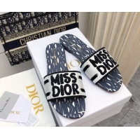 Hot Style Dior Dway Flat Slides Sandal in Embroidered Cotton and Miss Dior Allover Motif White/Grey 814012