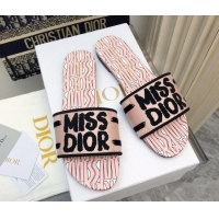 Grade Quality Dior Dway Flat Slides Sandal in Embroidered Cotton and Miss Dior Allover Motif Light Pink 814013