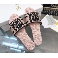 Grade Quality Dior Dway Flat Slides Sandal in Embroidered Cotton and Miss Dior Allover Motif Light Pink 814013