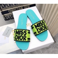 Stylish Dior Dway Flat Slides Sandal in Embroidered Cotton and Miss Dior Motif Green 814014