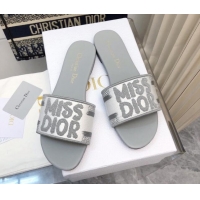 Best Price Dior Dway Flat Slides Sandal in Embroidered Cotton and Miss Dior Motif Grey 814015