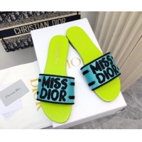 Good Quality Dior Dway Flat Slides Sandal in Embroidered Cotton and Miss Dior Motif Green/Blue 814017