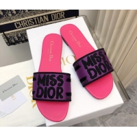 Best Grade Dior Dway Flat Slides Sandal in Embroidered Cotton and Miss Dior Motif Pink/Purple 814018