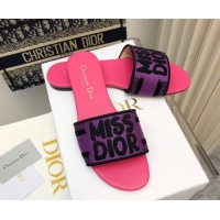 Best Grade Dior Dway Flat Slides Sandal in Embroidered Cotton and Miss Dior Motif Pink/Purple 814018