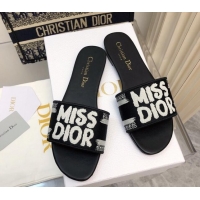 Pretty Style Dior Dway Flat Slides Sandal in Embroidered Cotton and Miss Dior Motif Black 814019