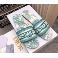 Classic Hot Dior Dway Flat Slides Sandal in Embroidered Cotton and Toile de Jouy Sauvage Motif Light Green 814021