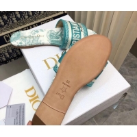 Classic Hot Dior Dway Flat Slides Sandal in Embroidered Cotton and Toile de Jouy Sauvage Motif Light Green 814021