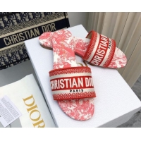 Most Popular Dior Dway Flat Slides Sandal in Embroidered Cotton and Toile de Jouy Sauvage Motif Red 814023