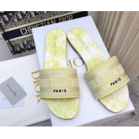 Lower Price Dior Dway Flat Slides Sandal in Embroidered Cotton and Toile de Jouy Sauvage Motif Lemon Yellow 814024