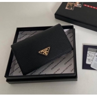 Top Quality Prada Saffiano Leather Card Holder Wallet 1MC122 Black/Gold