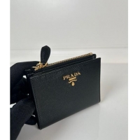 Promotional Prada Small Saffiano leather wallet 1ML050 Black/Gold Logo 2024