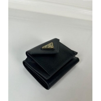 Well Crafted Prada Mini Saffiano Leather Wallet 1MH021 Black/Gold Tiangle 2024