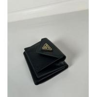 Well Crafted Prada Mini Saffiano Leather Wallet 1MH021 Black/Gold Tiangle 2024