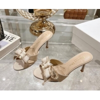 Unique Style Dior Adiorable Heeled Slides Sandal 8cm in Fringed Grosgrain Fabric with Pearl Bow Beige 814032