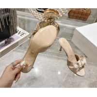 Unique Style Dior Adiorable Heeled Slides Sandal 8cm in Fringed Grosgrain Fabric with Pearl Bow Beige 814032