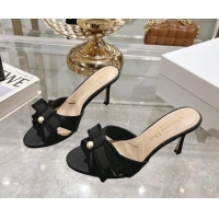 Best Grade Dior Adiorable Heeled Slides Sandal 8cm in Fringed Grosgrain Fabric with Pearl Bow Black 814033