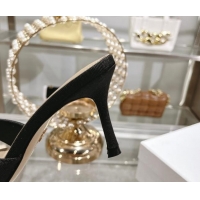 Best Grade Dior Adiorable Heeled Slides Sandal 8cm in Fringed Grosgrain Fabric with Pearl Bow Black 814033