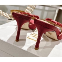 Grade Quality Dior Adiorable Heeled Slides Sandal 8cm in Fringed Grosgrain Fabric with Pearl Bow Rust Red 814034