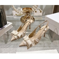 Top Grade Dior Adiorable Slingback Pumps 8cm in Fringed Grosgrain Fabric with Pearl Bow Beige 814035