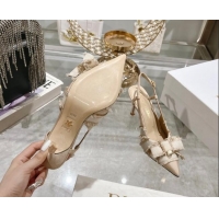 Top Grade Dior Adiorable Slingback Pumps 8cm in Fringed Grosgrain Fabric with Pearl Bow Beige 814035