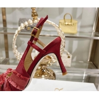 Perfect Dior Adiorable Slingback Pumps 8cm in Fringed Grosgrain Fabric with Pearl Bow Rust Red 814036