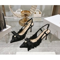 Best Price Dior Adiorable Slingback Pumps 8cm in Fringed Grosgrain Fabric with Pearl Bow Black 814037