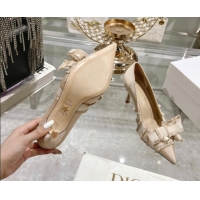 Good Looking Dior Adiorable Pumps 8cm in Fringed Grosgrain Fabric with Pearl Bow Beige 814038