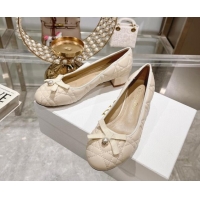 Low Price Dior Ballet Pumps 5cm in Quilted Cannage Calfskin with Pearl Bow Light Beige 814045