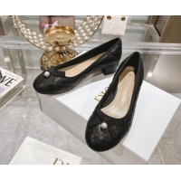 Luxurious Dior Ballet Pumps 5cm in Quilted Cannage Calfskin with Pearl Bow Black 814047