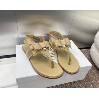 Classic Hot Dior Adiorable Flat Thong Sandals in Fringed Grosgrain Fabric with Pearl Bow Beige 814054