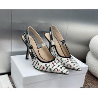 Sophisticated Dior J'Adior Dioramour Slingback Pumps 9.5cm in White Cotton with Embroidered Black and Red Je Vous Adore 