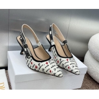 Stylish Dior J'Adior Dioramour Slingback Pumps 6.5cm in White Cotton with Embroidered Black and Red Je Vous Adore Motif 