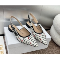 Unique Style Dior J'Adior Dioramour Slingback Ballet Flat in White Cotton with Embroidered Black and Red Je Vous Adore M