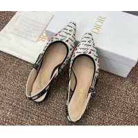 Unique Style Dior J'Adior Dioramour Slingback Ballet Flat in White Cotton with Embroidered Black and Red Je Vous Adore M