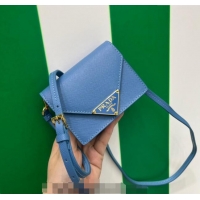 Good Looking Prada Saffiano leather card holder with shoulder strap 1MR033 Blue 2023