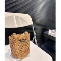 Top Design Prada Crochet Straw tote mini bag P0618 Khaki 2024