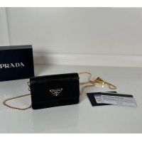 Fashion Luxurious Prada Saffiano leather card holder with shoulder strap 1MR034 Black 2024