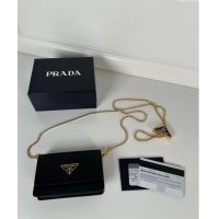 Fashion Luxurious Prada Saffiano leather card holder with shoulder strap 1MR034 Black 2024