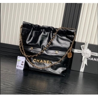 Super Quality Chanel 22 Shiny Calfskin Small Shopping Bag with Pockets AS3260 Black 2024