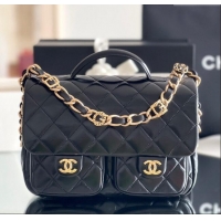 Top Quality Chanel Shiny Lambskin Flap Bag with Top Handle and Pocket AS4993 Black 2024