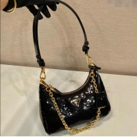 Trendy Design Prada Re-Edition Re-Nylon and Sequins Mini Hobo Bag 1BC204 Black 2024